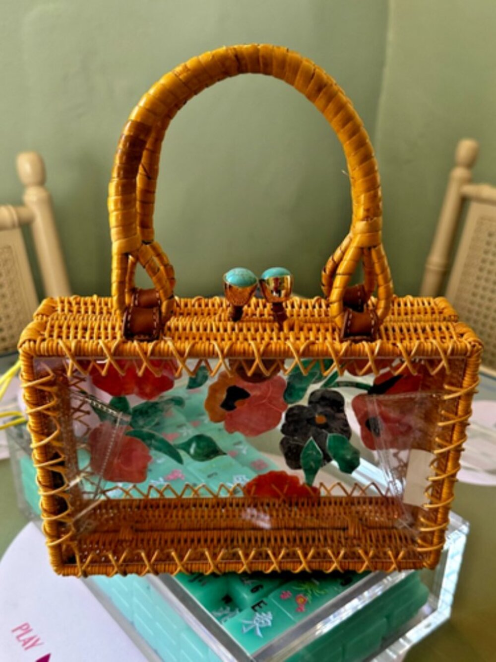 NWOT Serpui Wicker and Mother of Pearl Handbag with Turquoise Clasp